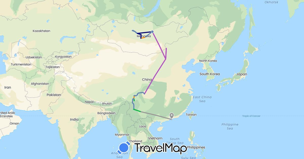 TravelMap itinerary: driving, bus, plane, cycling, train, hitchhiking in China, Hong Kong, Mongolia (Asia)