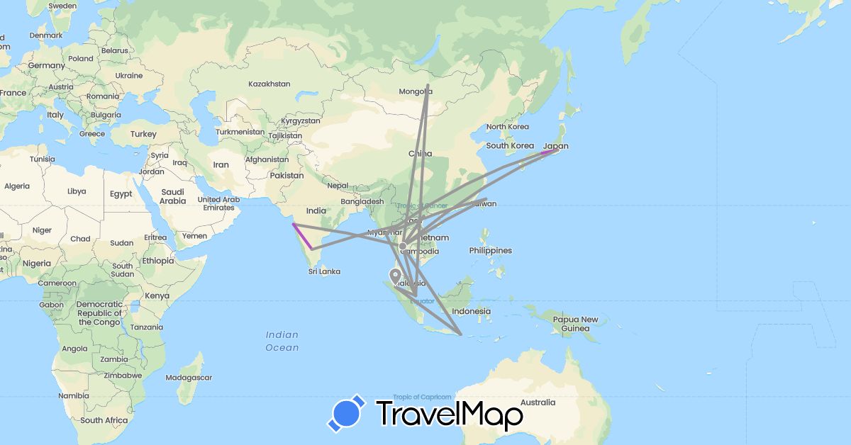 TravelMap itinerary: driving, plane, train in Indonesia, India, Japan, Myanmar (Burma), Mongolia, Singapore, Thailand, Taiwan, Vietnam (Asia)